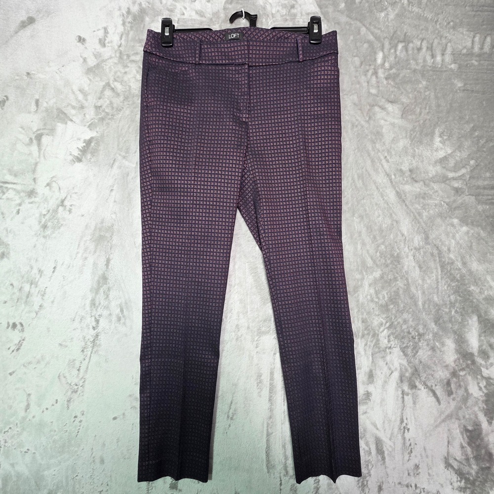 LOFT Julie Skinny Dress Pants Navy Blue Burgundy Geometric Floral Print Size 6